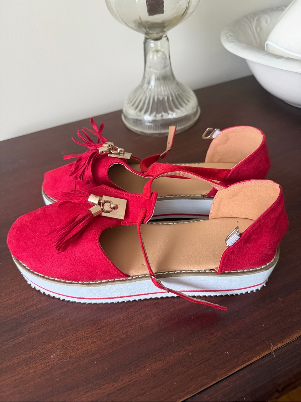 Bold Red Suede Tassel Platform Sandals with Ankle Strap - Women